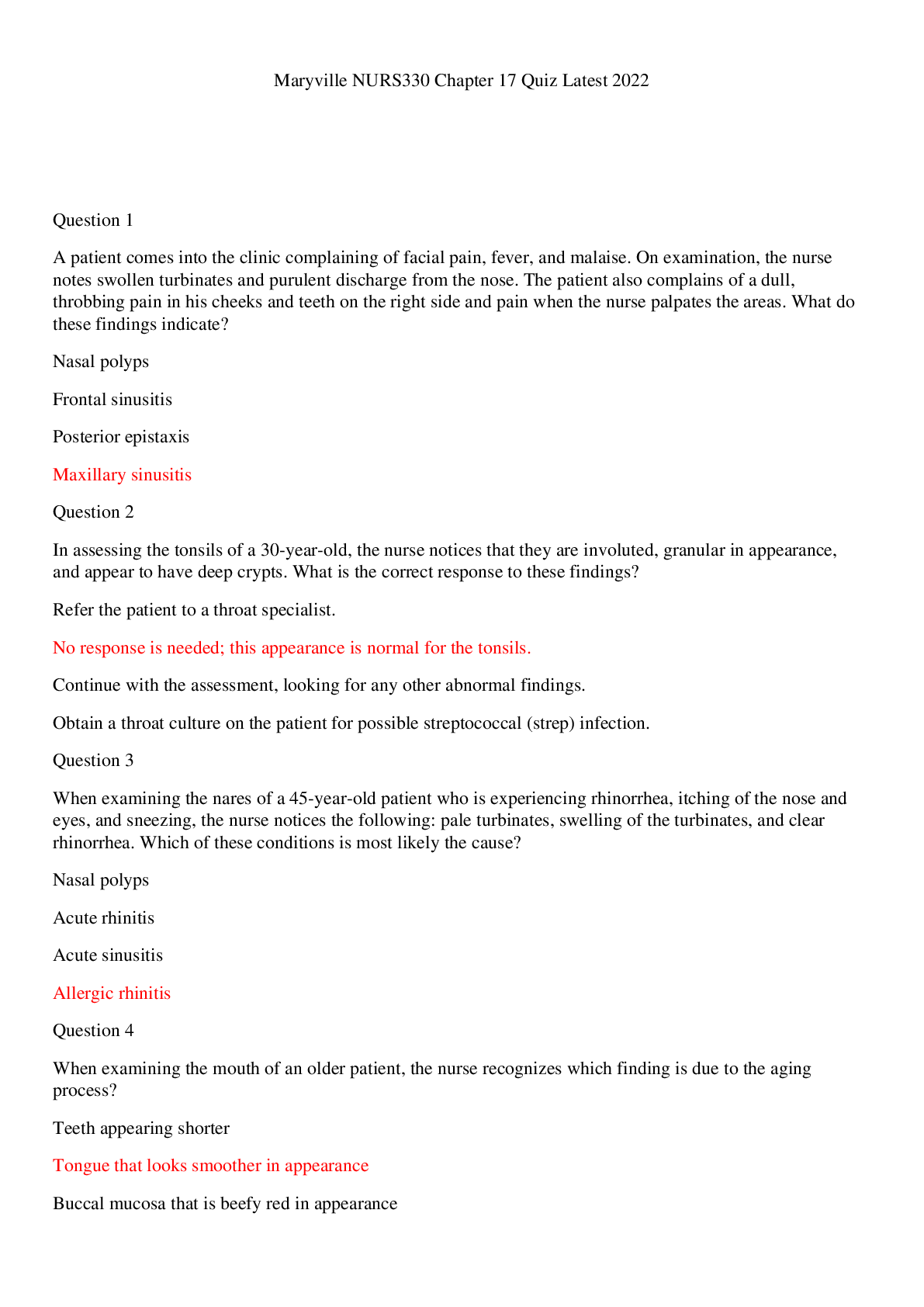 Preview image for Maryville NURS330 Chapter 17 Quiz Updated